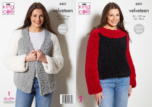 King Cole Knitting Pattern Ladies Velveteen Raglan Sleeve Jacket & Sweater (6321)