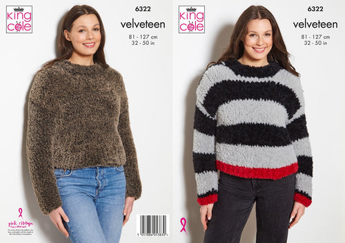 King Cole Knitting Pattern Ladies Velveteen Plain or Striped Sweaters (6322)