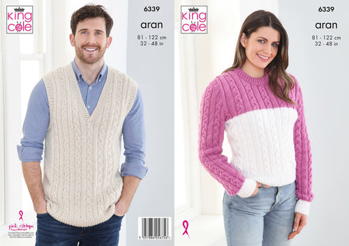 King Cole Aran Knitting Pattern Unisex Slipover & Sweater (6339)