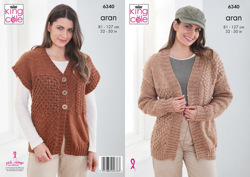 King Cole Aran Knitting Pattern Ladies Cardigan & Waistcoat (6340)