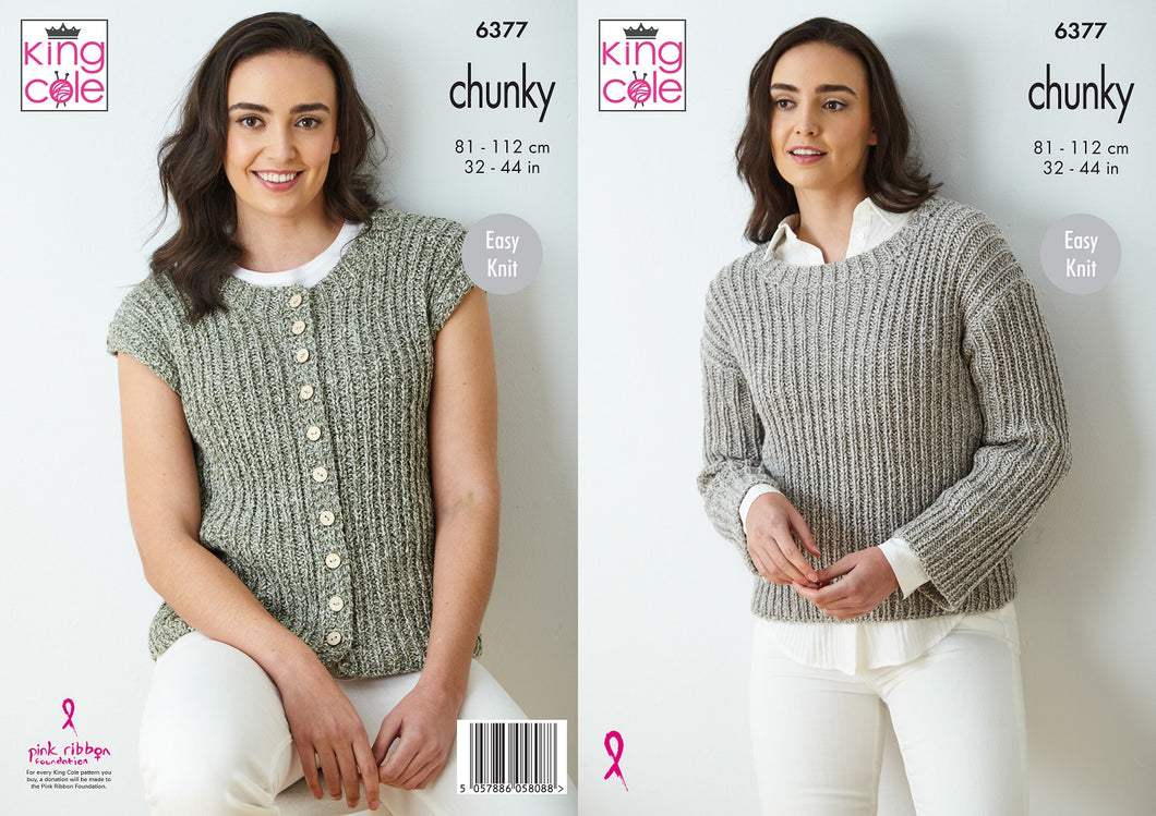 King Cole 6377 Knitting Pattern Chunky Ladies Button Up Sweater & Waistcoat