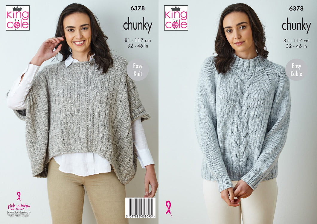 King Cole 6378 Knitting Pattern Chunky Ladies Cape Top & Oversized Cable Sweater