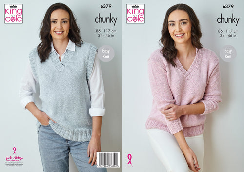 King Cole 6379 Knitting Pattern Chunky Ladies V-Neck Sweater & Top