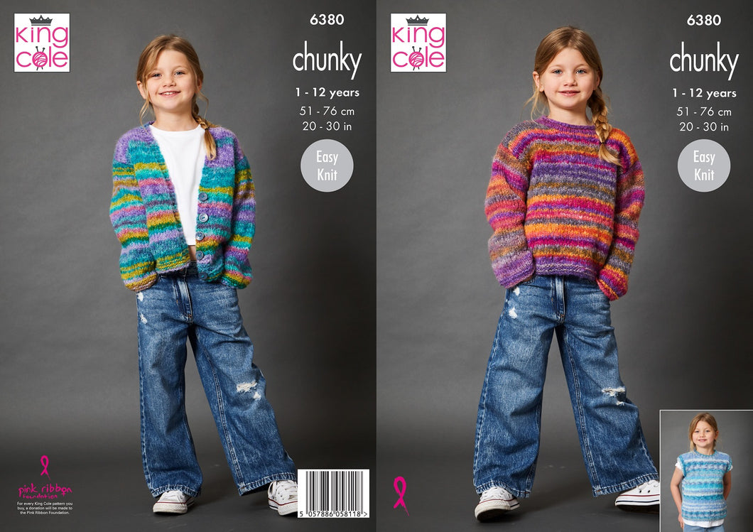 King Cole Chunky Knitting Pattern Girl’s Sweater, Cardigan & Tank Top (6380)