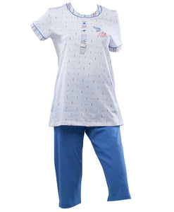 Ladies Pyjamas - Striped Top with Cherry Detail & 3/4 Bottoms (Blue or Red)