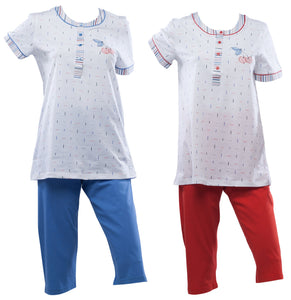 Ladies Pyjamas - Striped Top with Cherry Detail & 3/4 Bottoms (Blue or Red)