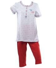 Load image into Gallery viewer, Ladies Pyjamas - Striped Top with Cherry Detail &amp; 3/4 Bottoms (Blue or Red)