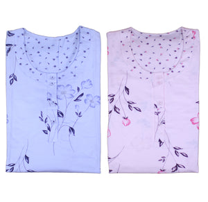 Ladies Jersey Cotton Floral Pyjamas Set S - XL (Blue or Pink)