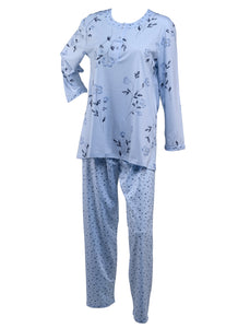 Ladies Jersey Cotton Floral Pyjamas Set S - XL (Blue or Pink)