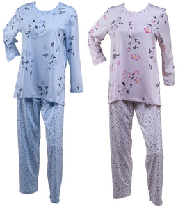 Ladies Jersey Cotton Floral Pyjamas Set S - XL (Blue or Pink)