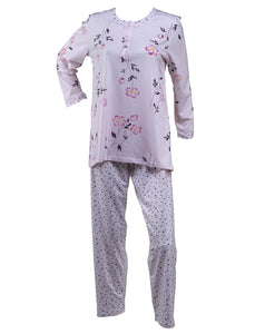 Ladies Jersey Cotton Floral Pyjamas Set S - XL (Blue or Pink)