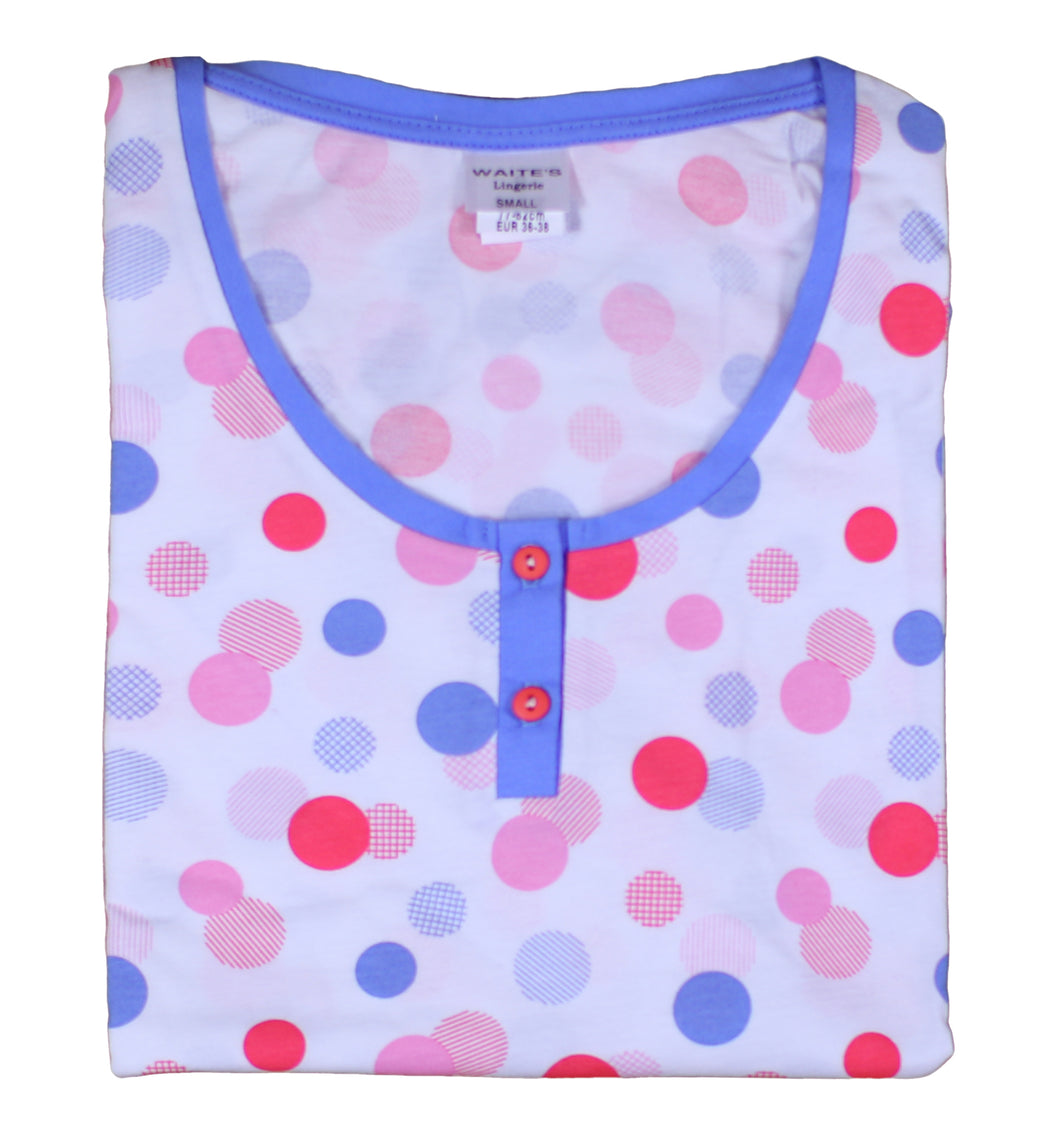 Ladies Polka Dot Top & Plain 3/4 Length Pyjamas Set (Small - Large)