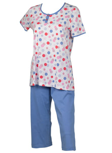 Ladies Polka Dot Top & Plain 3/4 Length Pyjamas Set (Small - Large)