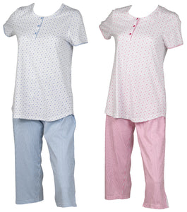 Ladies Polka Dot & Striped 3/4 Length Pyjamas S - XL (Blue or Pink)