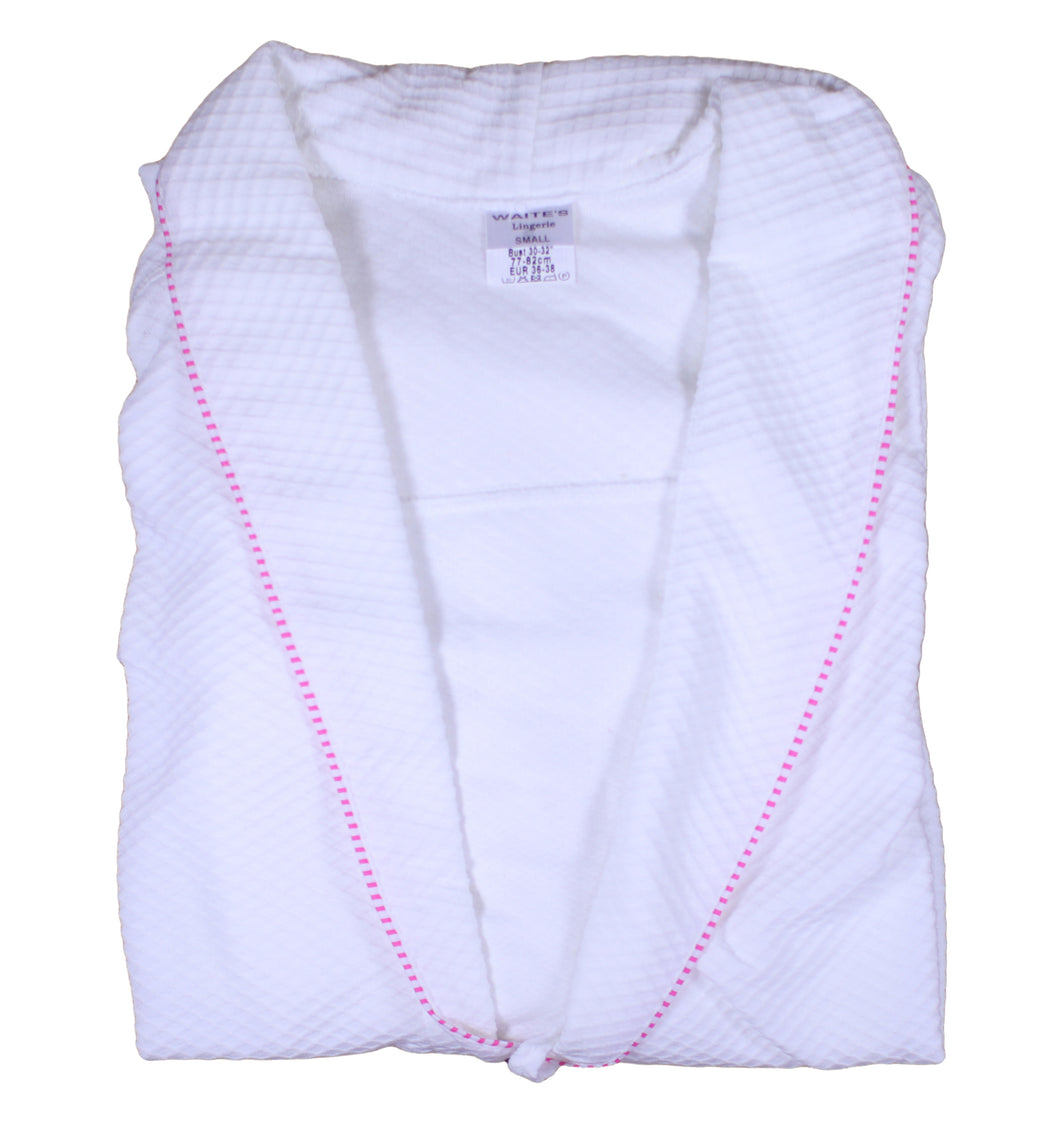 Ladies Lightweight Waffle Dressing Gown S - XL (White with Blue or Pink Trim)