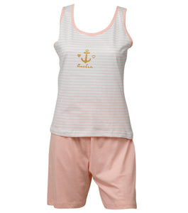 Ladies Jersey Cotton Pyjamas - Anchor Tank Top & Plain Shorts (Navy or Pink)