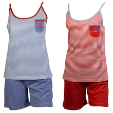 Load image into Gallery viewer, Ladies Striped Short Pyjamas with Polka Dot Trim S - L (Blue or Red)