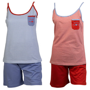 Ladies Striped Short Pyjamas with Polka Dot Trim S - L (Blue or Red)