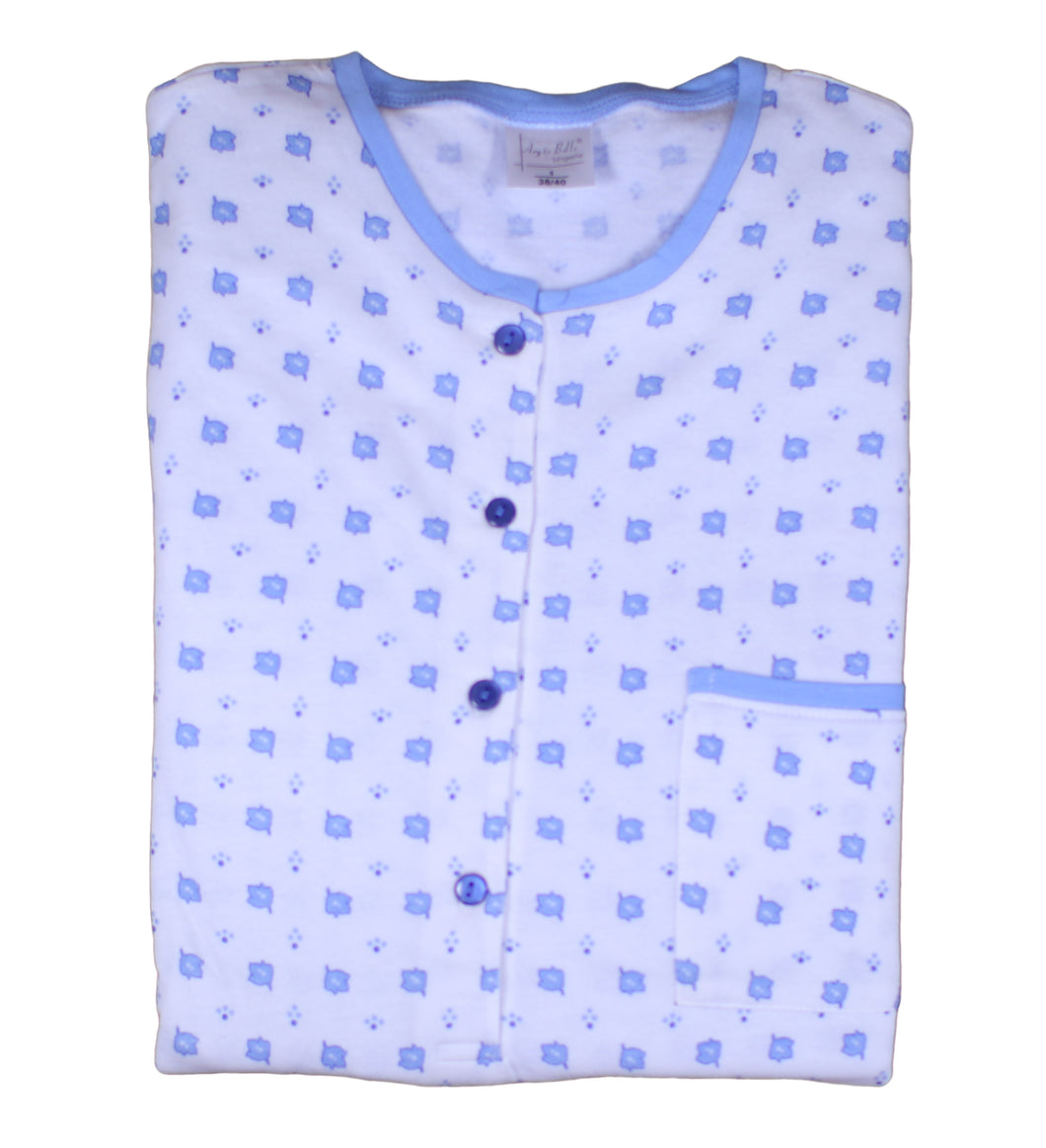 Ladies 100% Cotton Leaf & Polka Dot Pattern Pyjamas Set S - XL (Blue or Pink)