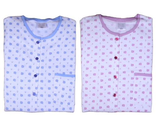 Ladies 100% Cotton Leaf & Polka Dot Pattern Pyjamas Set S - XL (Blue or Pink)