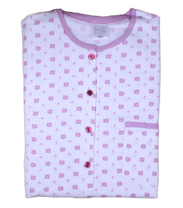 Ladies 100% Cotton Leaf & Polka Dot Pattern Pyjamas Set S - XL (Blue or Pink)