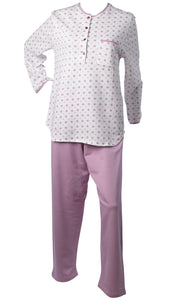 Ladies 100% Cotton Leaf & Polka Dot Pattern Pyjamas Set S - XL (Blue or Pink)