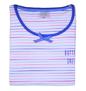 Ladies 100% Jersey Cotton Striped Butterfly Motif Pyjama Set (Blue or Pink)