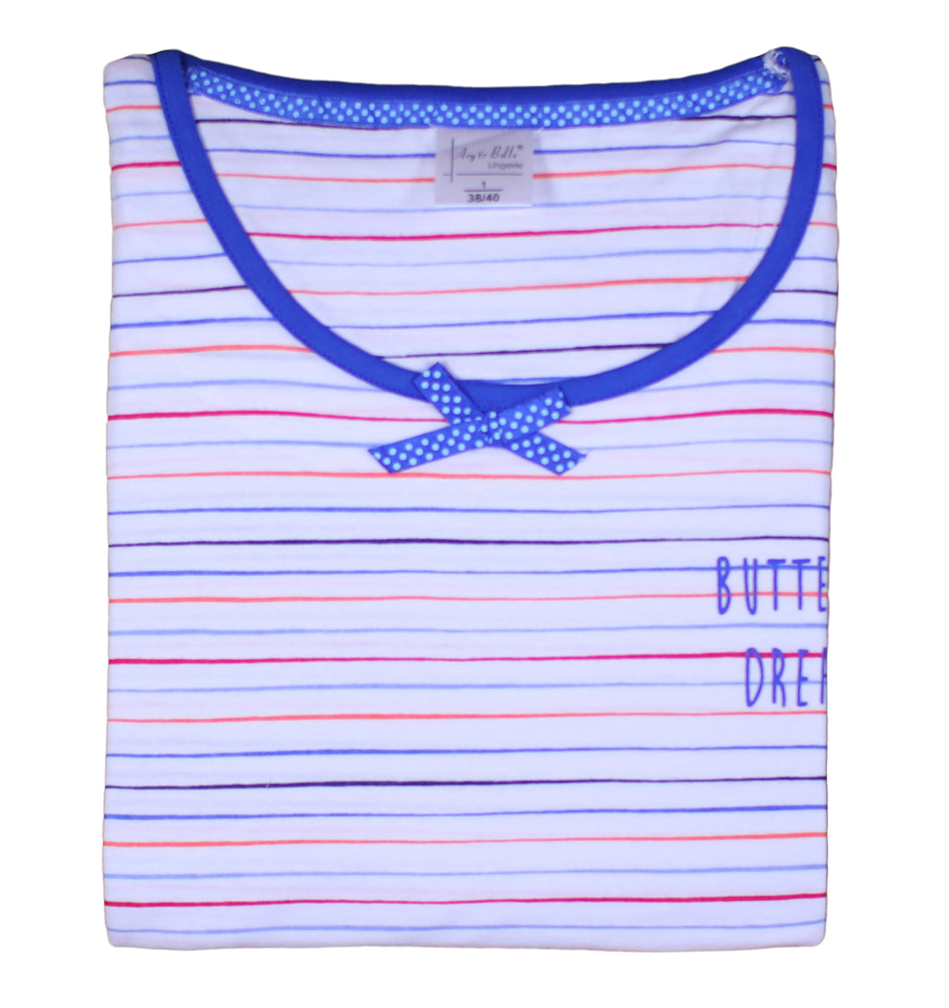 Ladies 100% Jersey Cotton Striped Butterfly Motif Pyjama Set (Blue or Pink)