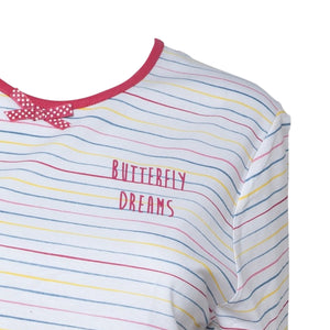 Ladies 100% Jersey Cotton Striped Butterfly Motif Pyjama Set (Blue or Pink)