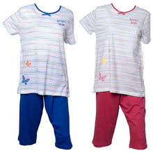 Load image into Gallery viewer, Ladies 100% Jersey Cotton Striped Butterfly Motif Pyjama Set (Blue or Pink)