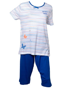 Ladies 100% Jersey Cotton Striped Butterfly Motif Pyjama Set (Blue or Pink)