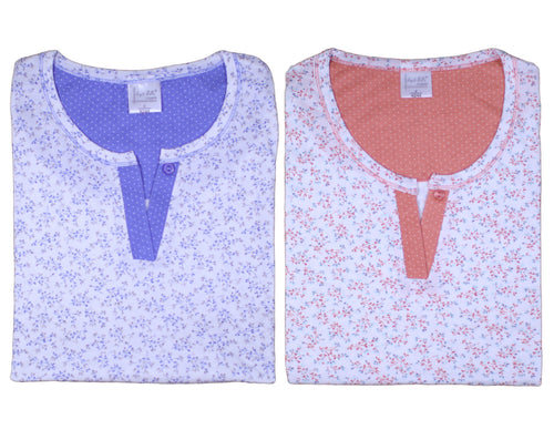 Ladies 100% Jersey Cotton Floral & Polka Dot Pyjamas Set (Blue or Salmon)