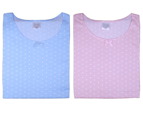 Ladies Jersey Cotton Polka Dot Pyjamas with Frilled Sleeves (Blue or Pink)