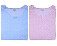Ladies Jersey Cotton Polka Dot Pyjamas with Frilled Sleeves (Blue or Pink)