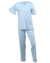 Load image into Gallery viewer, Ladies Jersey Cotton Polka Dot Pyjamas with Frilled Sleeves (Blue or Pink)