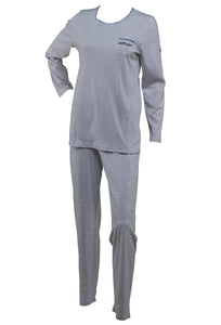 Ladies Grey Striped & Floral Embroidered Pyjamas Set (Blue or Red Detail)