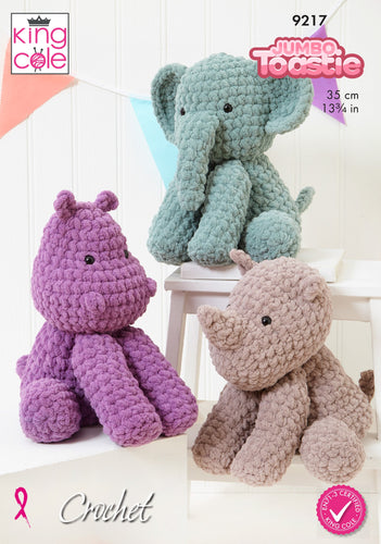 King Cole 9217 Crochet Pattern for Elephant, Hippo & Rhino Stuffed Toys