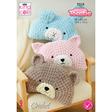 Load image into Gallery viewer, King Cole 9218 Animal Pillow Crochet Pattern Bear Rabbit &amp; Cat in Jumbo Toastie
