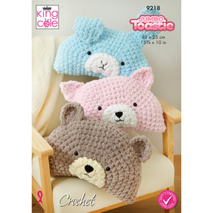 King Cole 9218 Animal Pillow Crochet Pattern Bear Rabbit & Cat in Jumbo Toastie