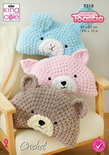 King Cole 9218 Animal Pillow Crochet Pattern Bear Rabbit & Cat in Jumbo Toastie