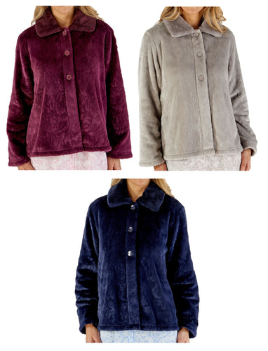 Slenderella Ladies Patterned Fleece & Faux Fur Collar Bed Jacket (3 Colours)