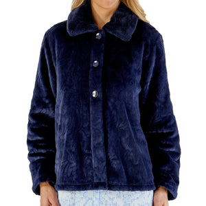 Slenderella Ladies Patterned Fleece & Faux Fur Collar Bed Jacket (3 Colours)