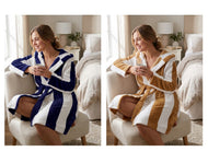 Slenderella Ladies Striped Fleecy Hooded Dressing Gown S-XL (Blue or Coffee)