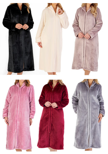 Ladies Slenderella Luxury Flannel Fleece Zip Up Dressing Gown (6 Colours)