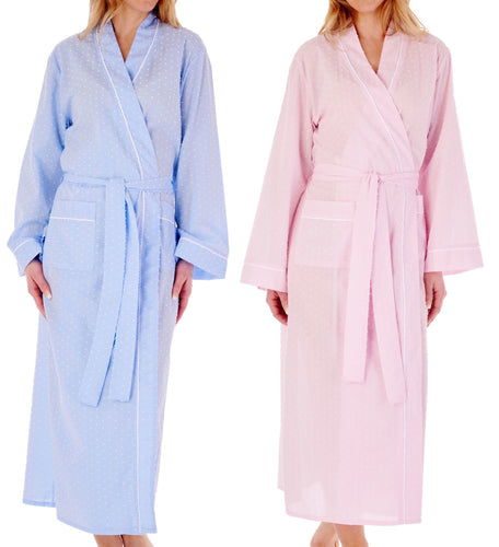 Slenderella Ladies Cotton Dobby Dot Long Dressing Gown (Blue or Pink)