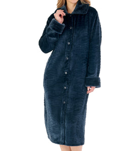 Slenderella Zebra Fleece Button Dressing Gown with Faux Fur Collar (3 Colours)