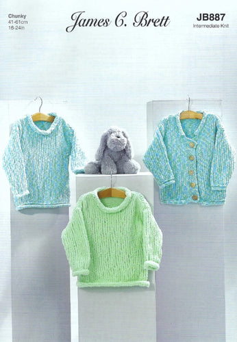 James Brett Intermediate Knitting Pattern Baby Sweater & Cardigan (JB887)