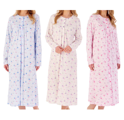 Slenderella Ladies Floral Button Through Jersey Nightdress (3 Colours)