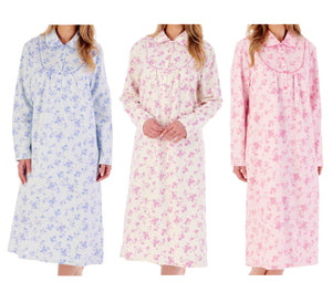 Slenderella Ladies Floral Flannel Peter Pan Collar Nightdress (3 Colours)