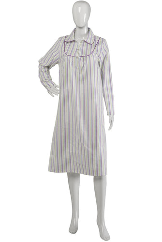 Slenderella Ladies Striped Cotton Long Sleeved Nightshirt with Collar UK 10-22 (Blue or Pink)
